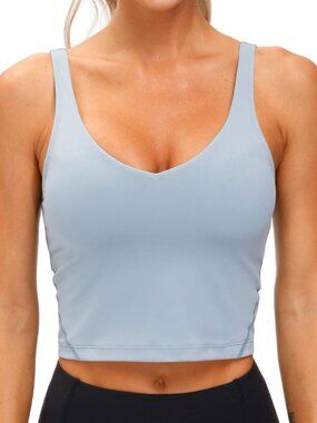 👑 Women's Denim Blue Sports Bra Longline Wirefree Padded Medium Cropped Tops